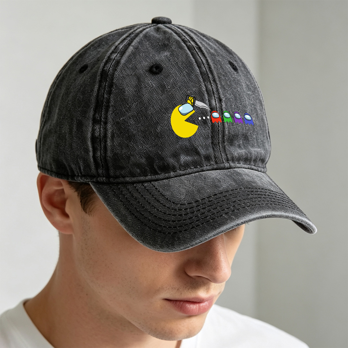 Pac-Man Meets Among Us Characters - Washed Denim - Baseball Cap