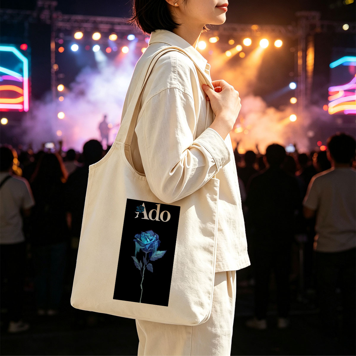 Ado Blue Rose on Black Background - Canvas shoulder bags/