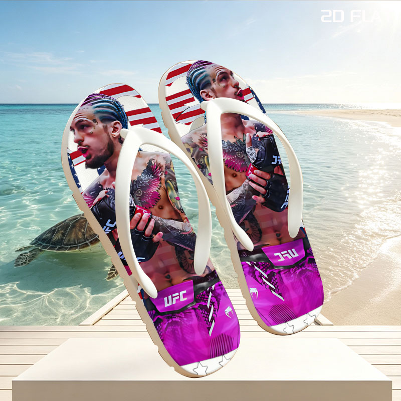 Sean O'Malley in UFC Gear with American Flag Design Background -  flip-flops