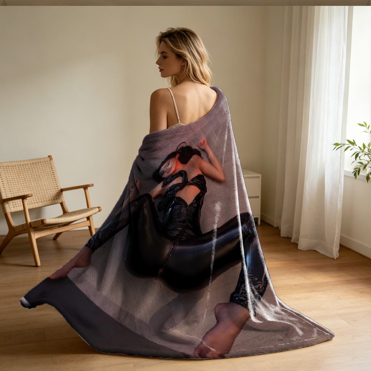 A woman in pink lace lingerie posing on a bed. - Blanket