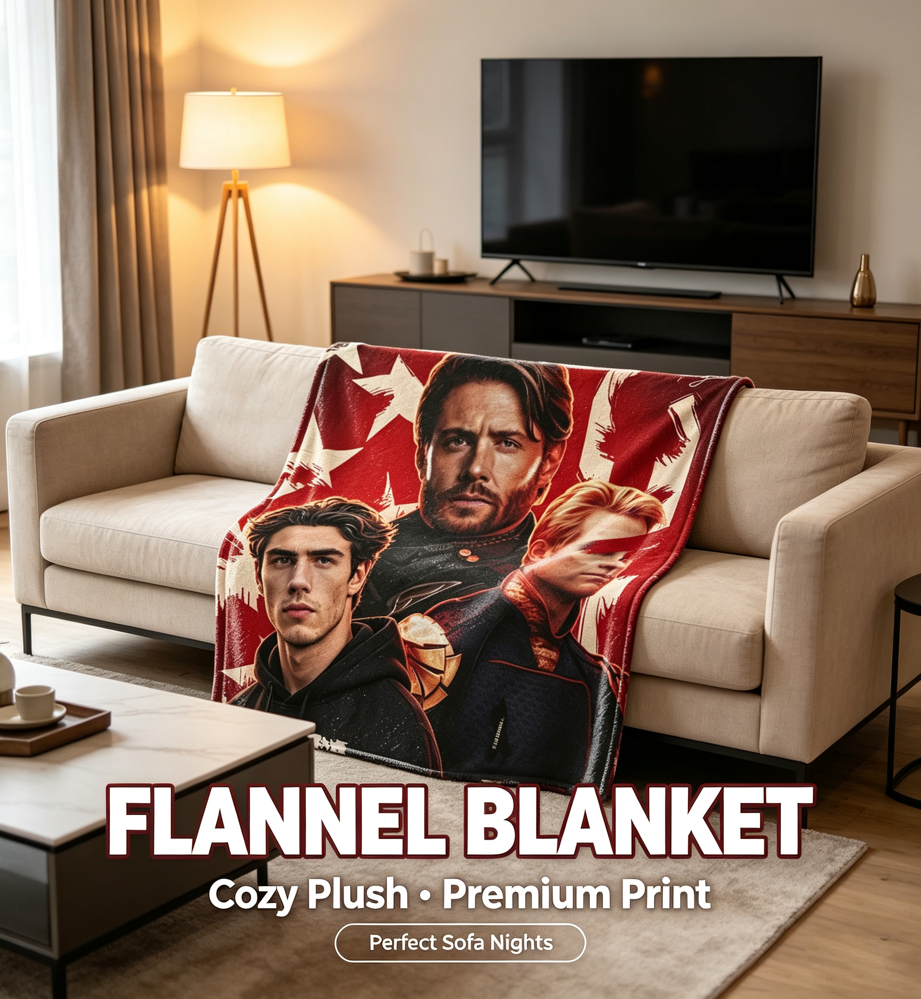 Custom Face Blanket The Boys Season 3 Flannel Blanket Featuring Homelander, Hughie, and Annie - Perfect for Fans of the Prime Video Series - Ideal Gift or Giveaway for Superhero TV Show Enthusiasts