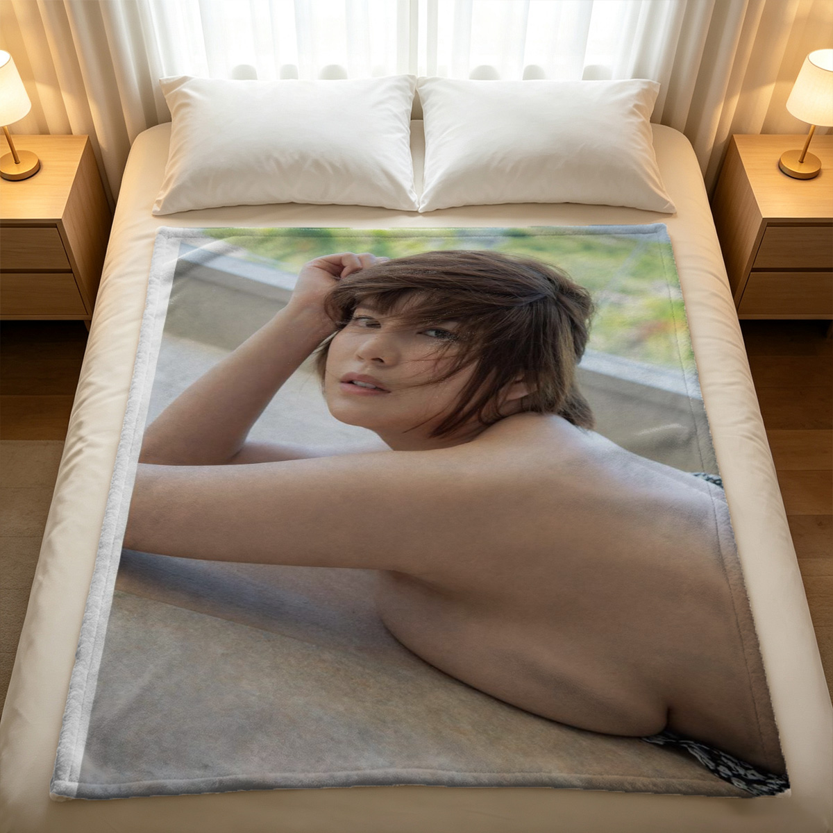 A woman with a black bob haircut in a white halter crop top and thigh-high leg warmers sitting on stairs. - Blanket