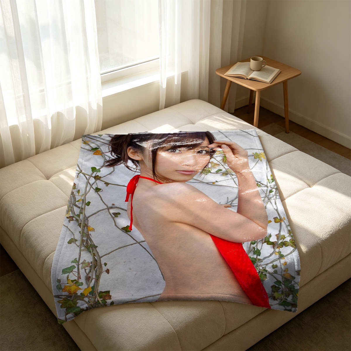 Nude Asian beauty with long dark hair posing seductively indoors - Blanket