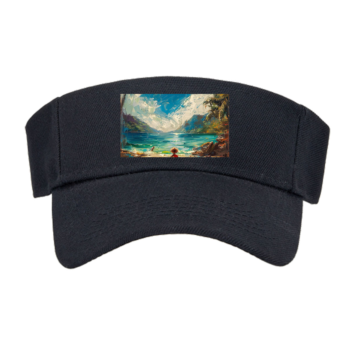 A woman walks on a tropical beach, framed by palm trees and turquoise waters under a vibrant sky. -  Visor cap