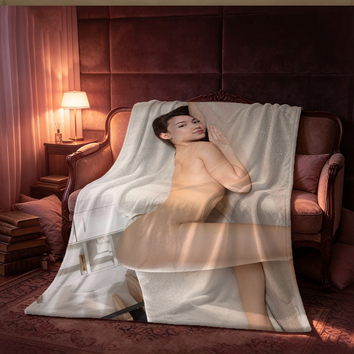 Nude Asian beauty in black panties with striped tie on bed - Blanket