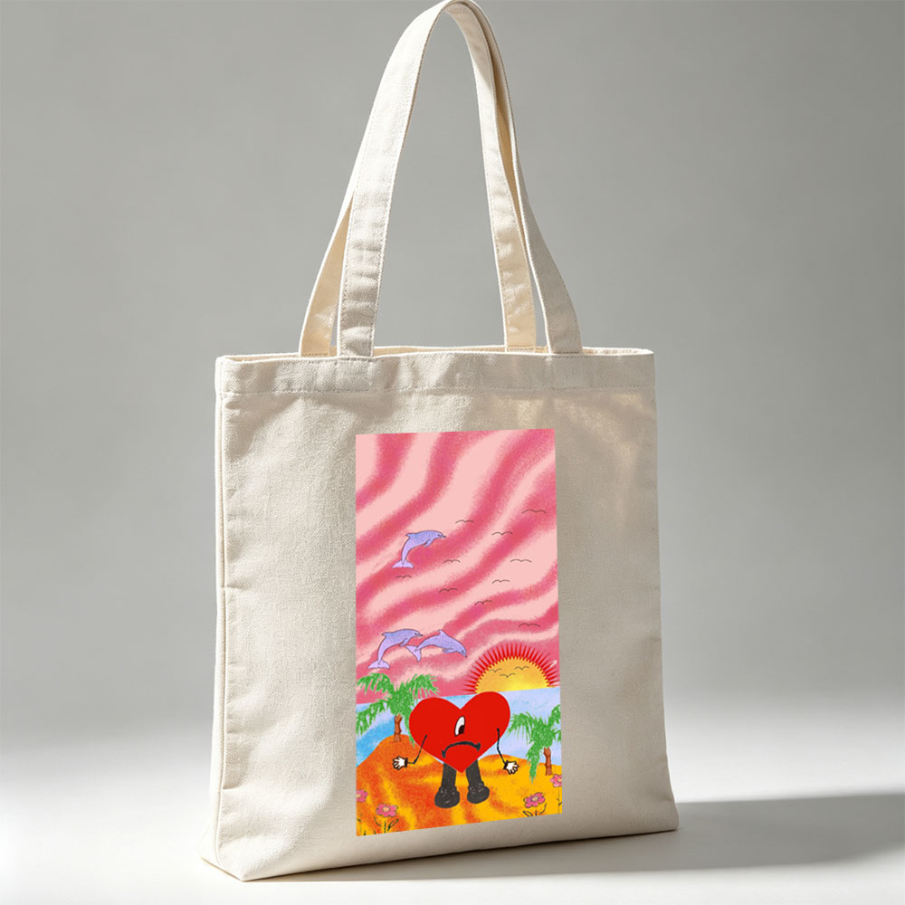 Heart Character on Tropical Beach with Dolphins and Sunset - Canvas tote bags