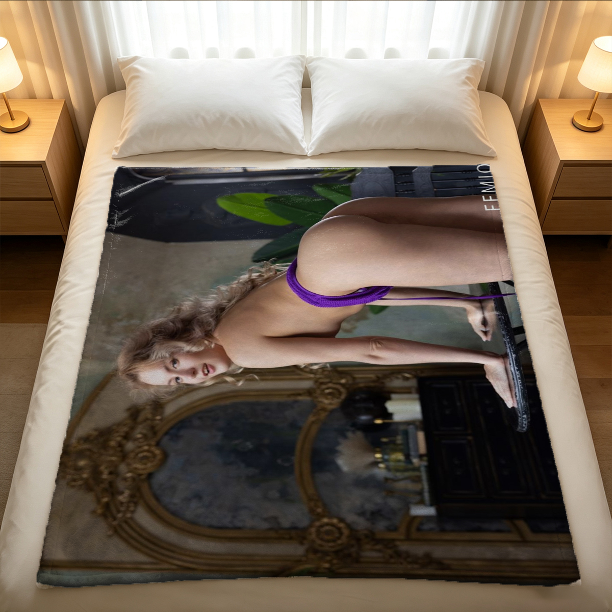 Japanese Woman Licking Black Ladle Nude in Kitchen with Breasts Covered by Hands - Blanket