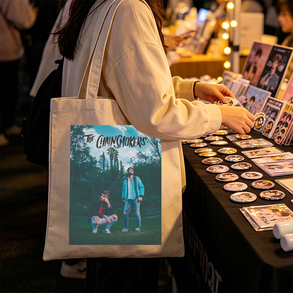 The Chainsmokers in a Lush Garden with Palm Trees and Vibrant Outfits - Canvas tote bags