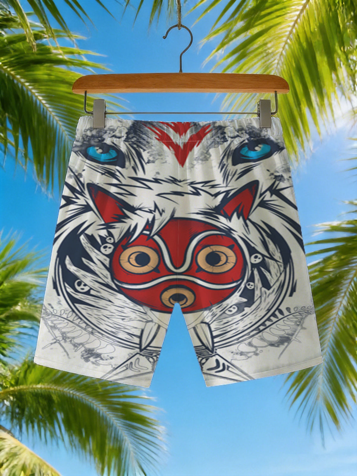 Red Masked Fox with Blue-Eyed Beast and Tribal Design -  Beach shorts
