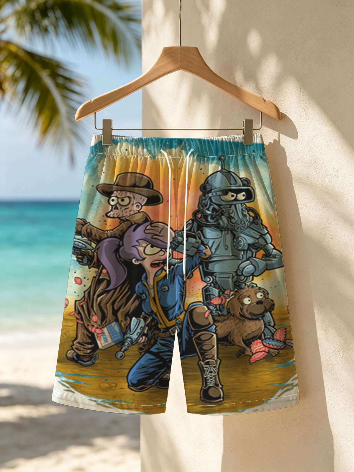 Fallout Characters: Vault Dweller, Robo-Soldier, Dogmeat, and Cowboy in Post-Apocalyptic Scene -  Beach shorts