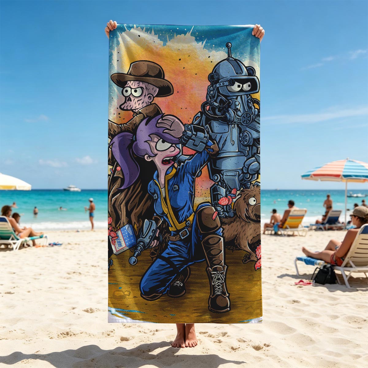 Fallout Characters: Vault Dweller, Robo-Soldier, Dogmeat, and Cowboy in Post-Apocalyptic Scene - Beach towels
