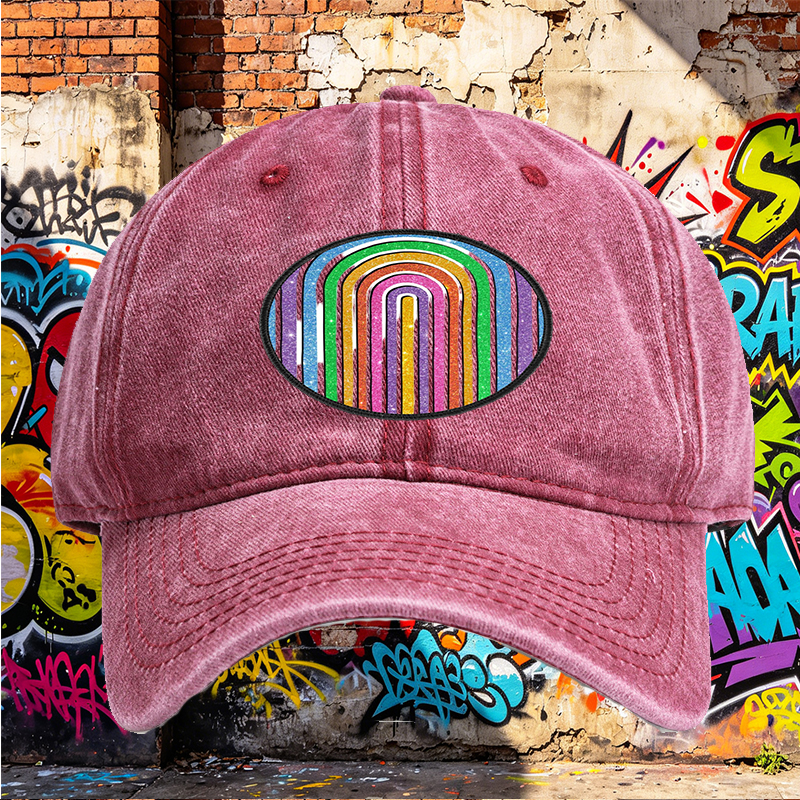 Unisex Classic Washed Cap with Glitter Rainbow Arc Patch Design – Perfect for Casual Outings, Music Festivals, and Everyday Wear – Ideal for Young Adults and Trend-Loving Individuals