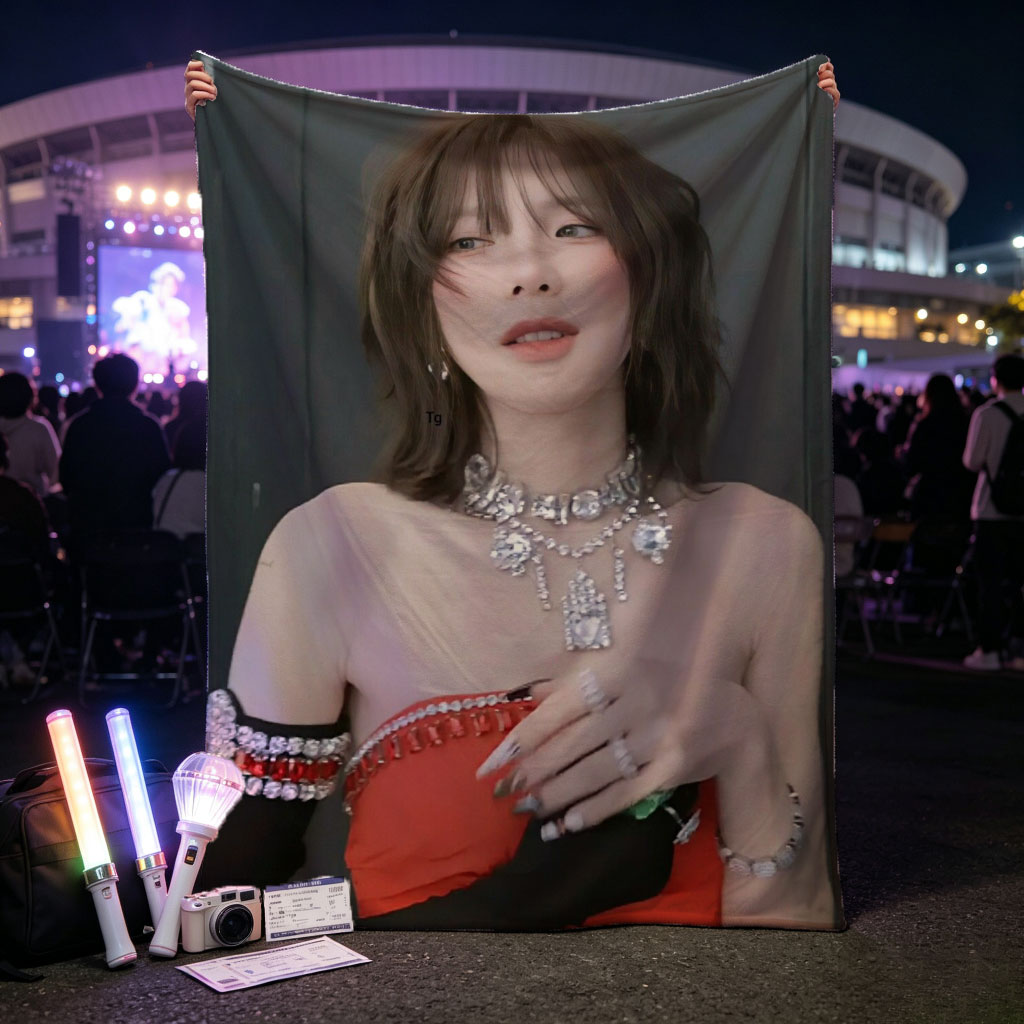 Taeyeon in a glamorous red outfit with sparkling jewelry and bold accessories - Blankets