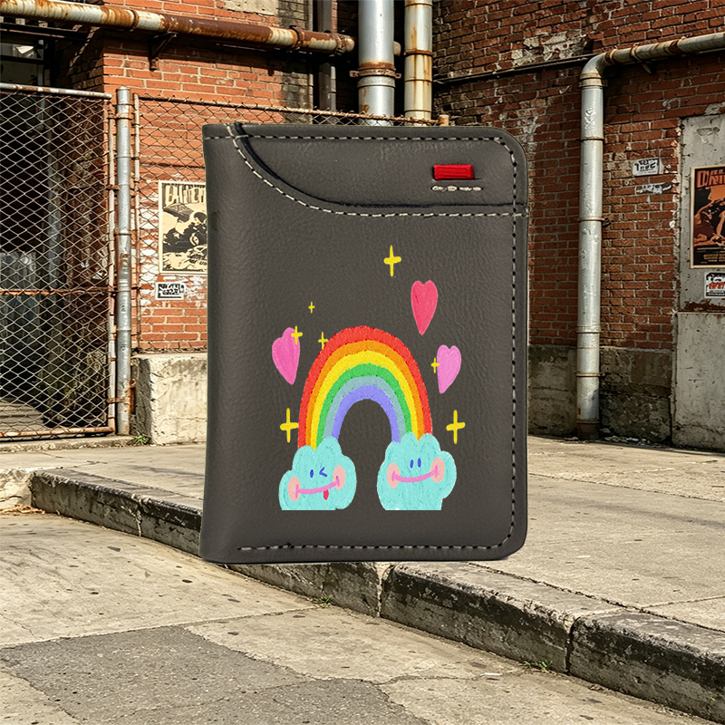Unisex Vertical Wallet with Rainbow Clouds and Hearts Print - Cute Design for Daily Use, Perfect for Students, Teens, and Young Adults Seeking Fun and Functional Accessories
