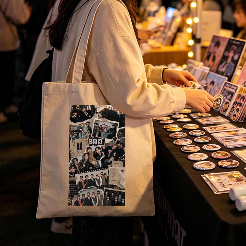 BTS Group Photo Collage Featuring Members in Various Outfits and Settings with Fans and Teamwork Theme - Canvas tote bags