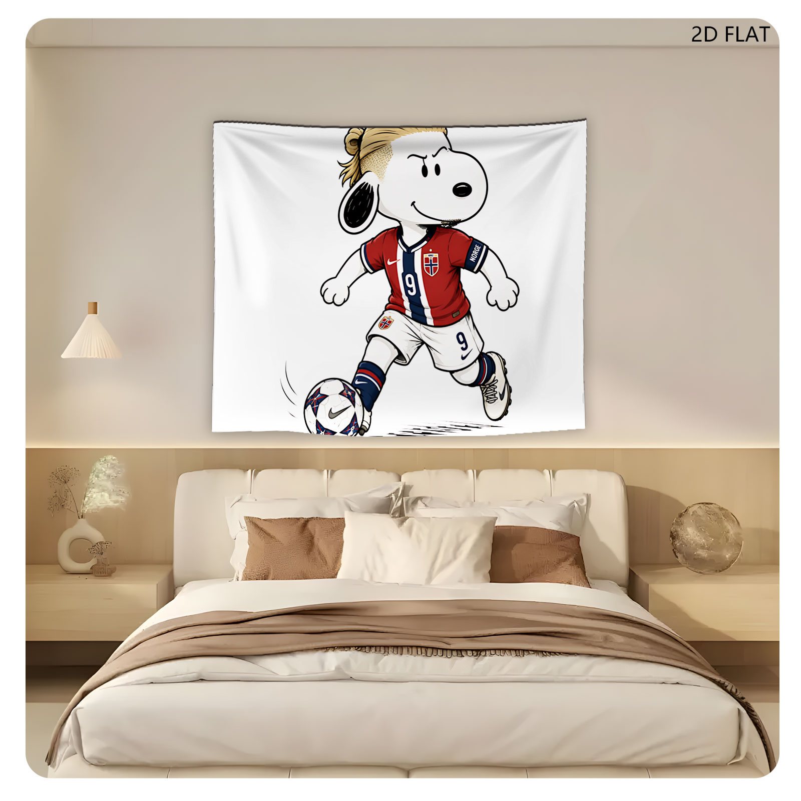 Snoopy as Norway Soccer Player, Wearing #9 Jersey, Kicking Ball - Tapestry