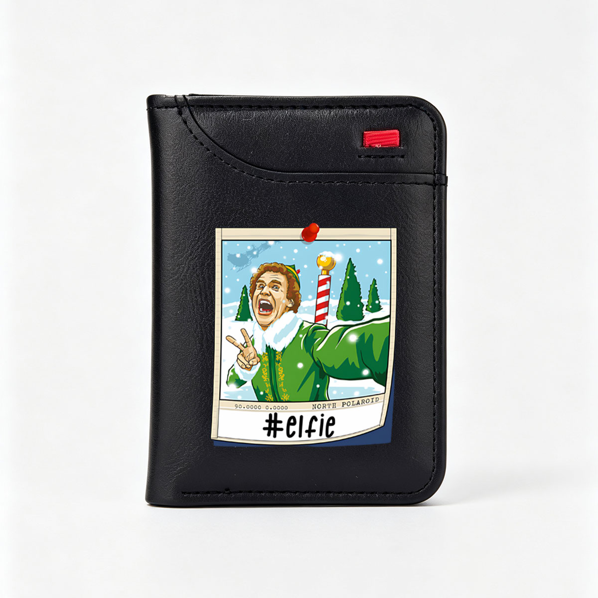 Elf in Green Suit Takes #elfie with Candy Cane and Snowy Background - Vertical Style Wallet