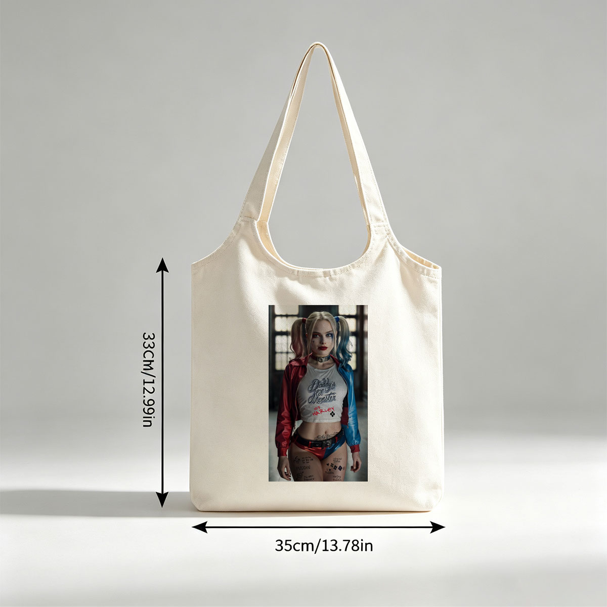 Margot Robbie as Harley Quinn in Suicide Squad - Iconic Costume and Bold Makeup Portrait - Canvas shoulder bags/
