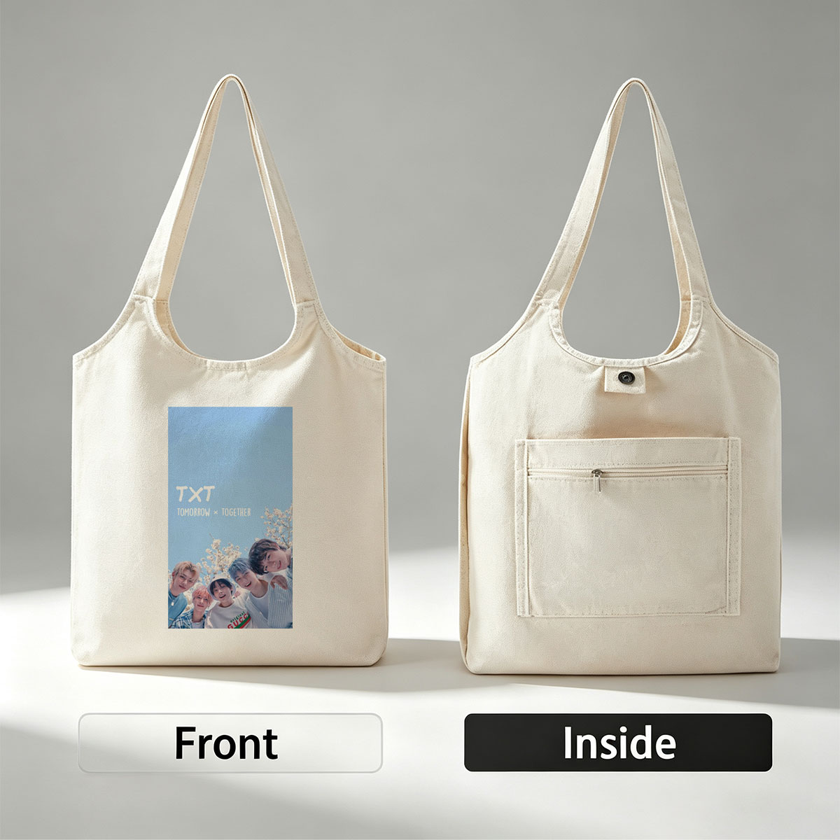 TXT Tomorrow x Together Members in a Spring Cherry Blossom Scene Under a Clear Blue Sky - Canvas shoulder bags/
