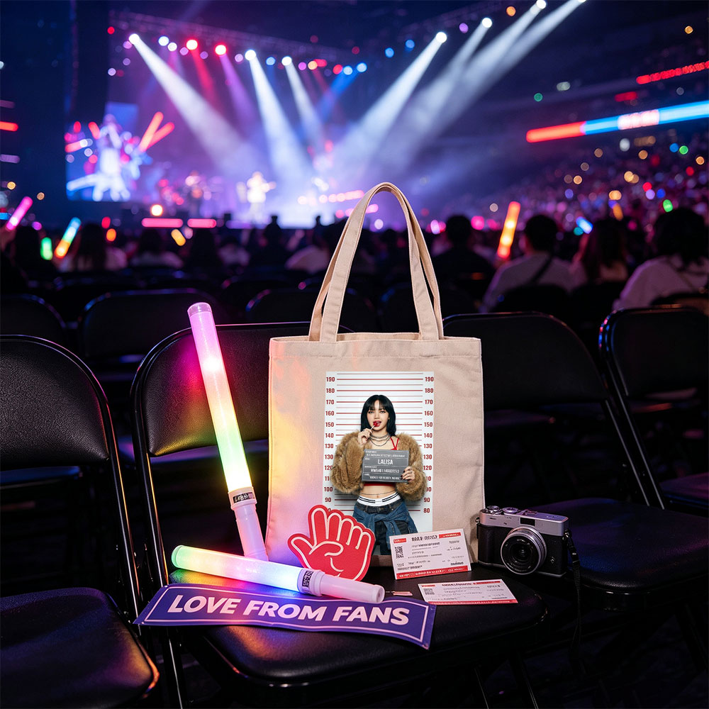 Lalisa Mugshot Scene - Black Hair, Red Lipstick, Fur Coat, and Denim Jacket in Front of Height Chart - Canvas tote bags