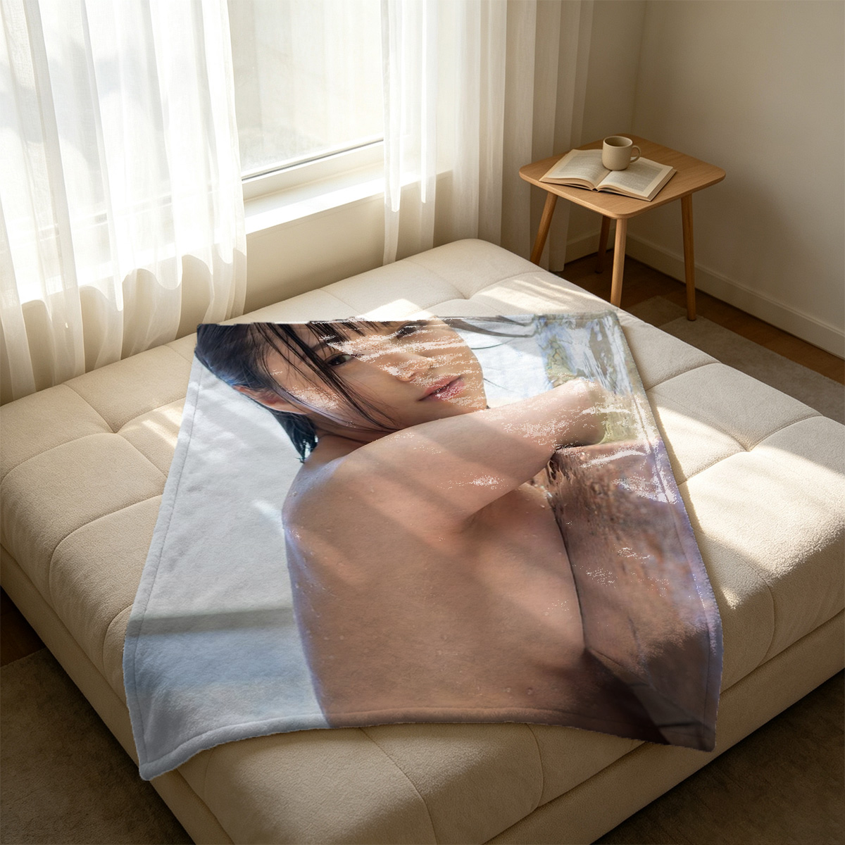 Nude Japanese woman sleeping on bed by window - Blanket