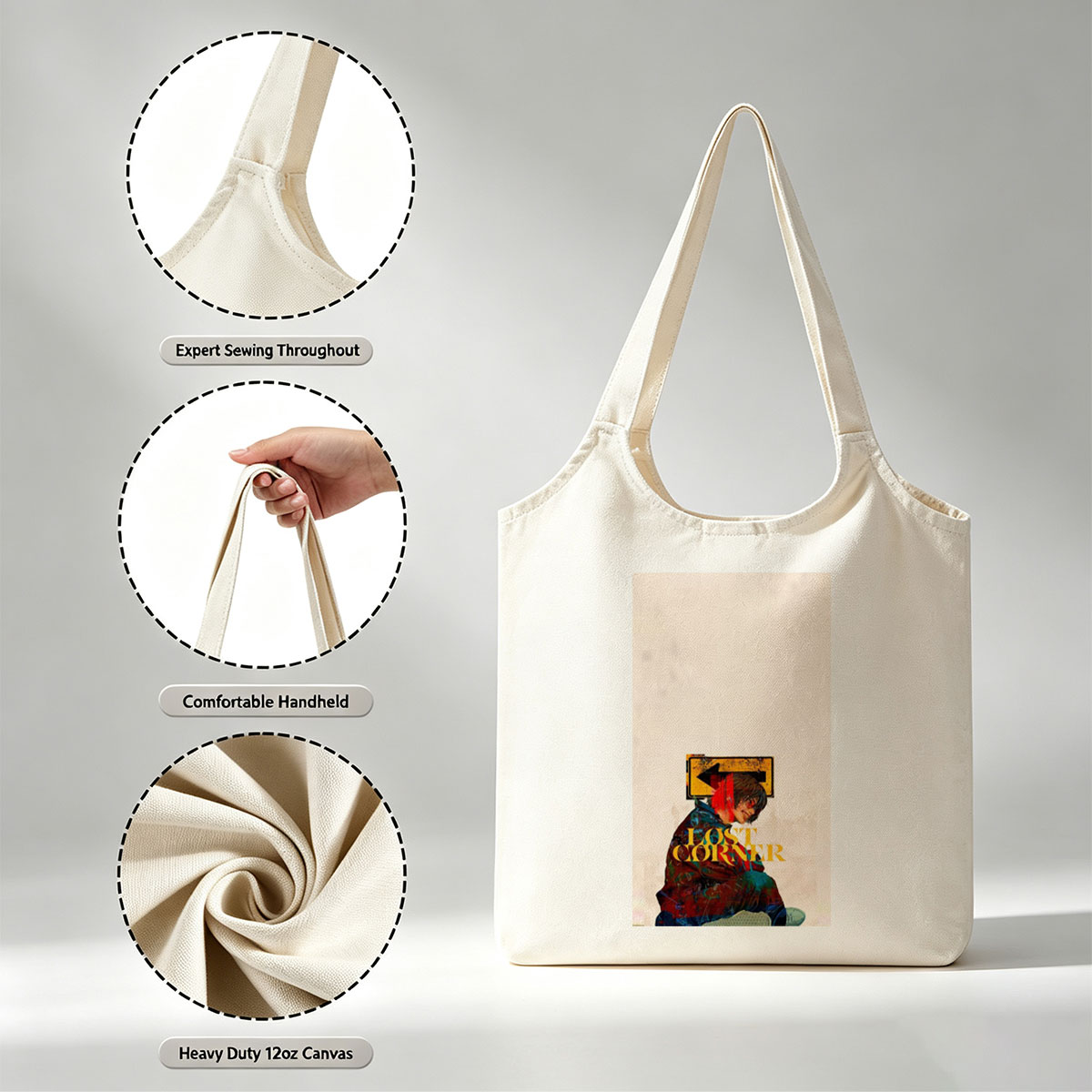 Lost Corner Artist in Colorful Jacket with Arrow Sign and Text Overlay - Canvas shoulder bags/