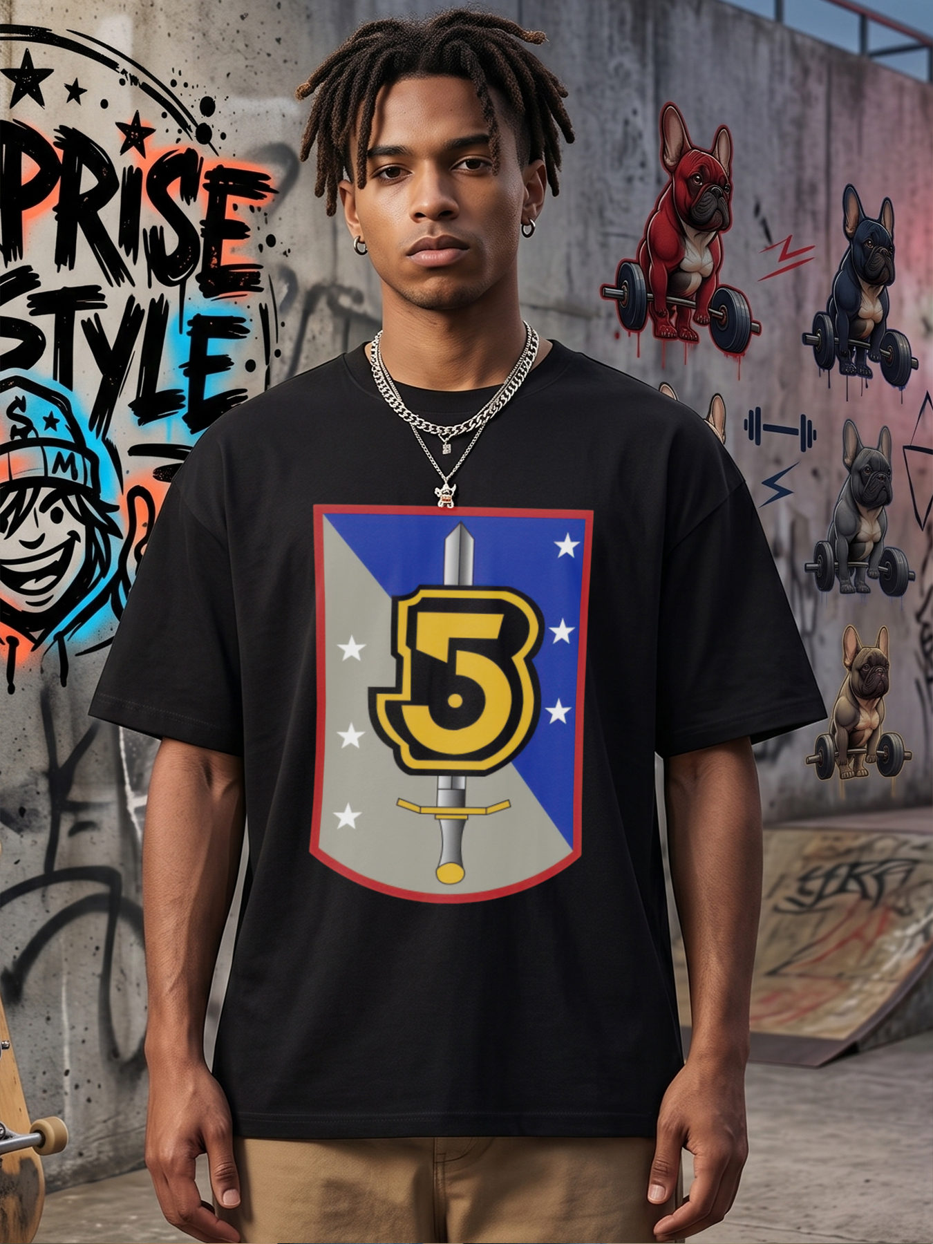 Men's Printed T-Shirt with Number 5 Sword Shield Design, Casual Round Neck Summer Lightweight Breathable Short Sleeve Tee for Military Enthusiasts and Outdoor Activities