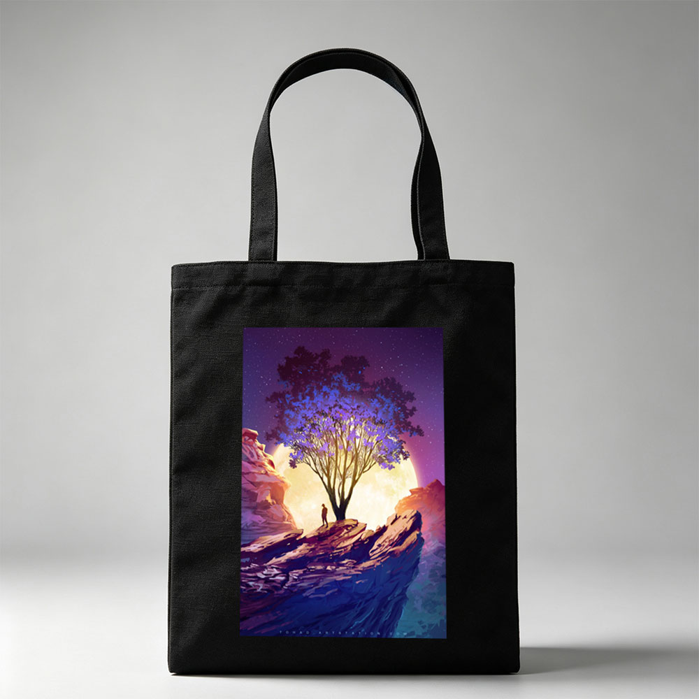 Imagine Dragons Dreamy Landscape with Purple Tree and Moonlit Sky - Canvas tote bags