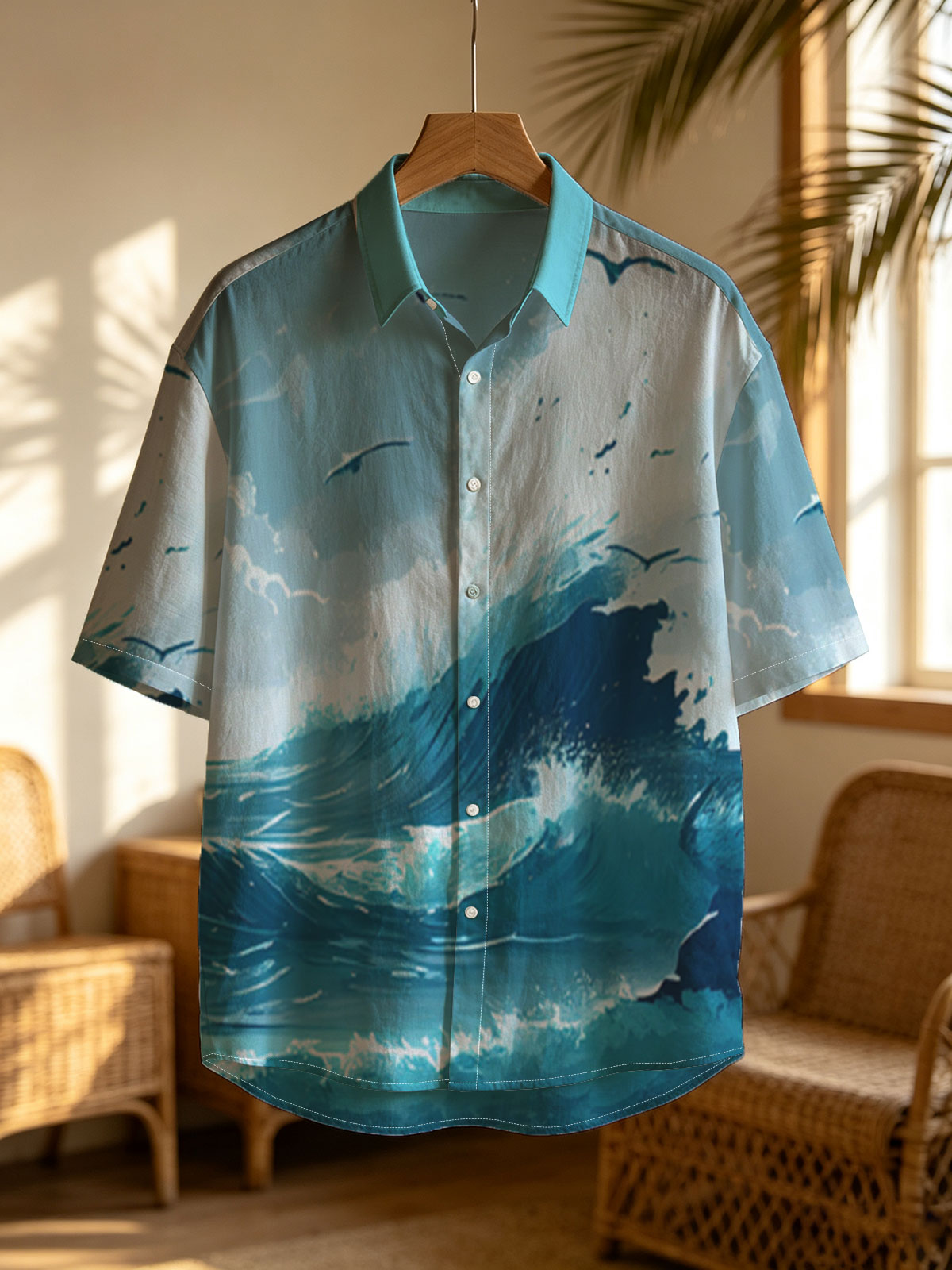 Mighty waves crash against rocks as seagulls soar above the stormy sea. -  Shirt