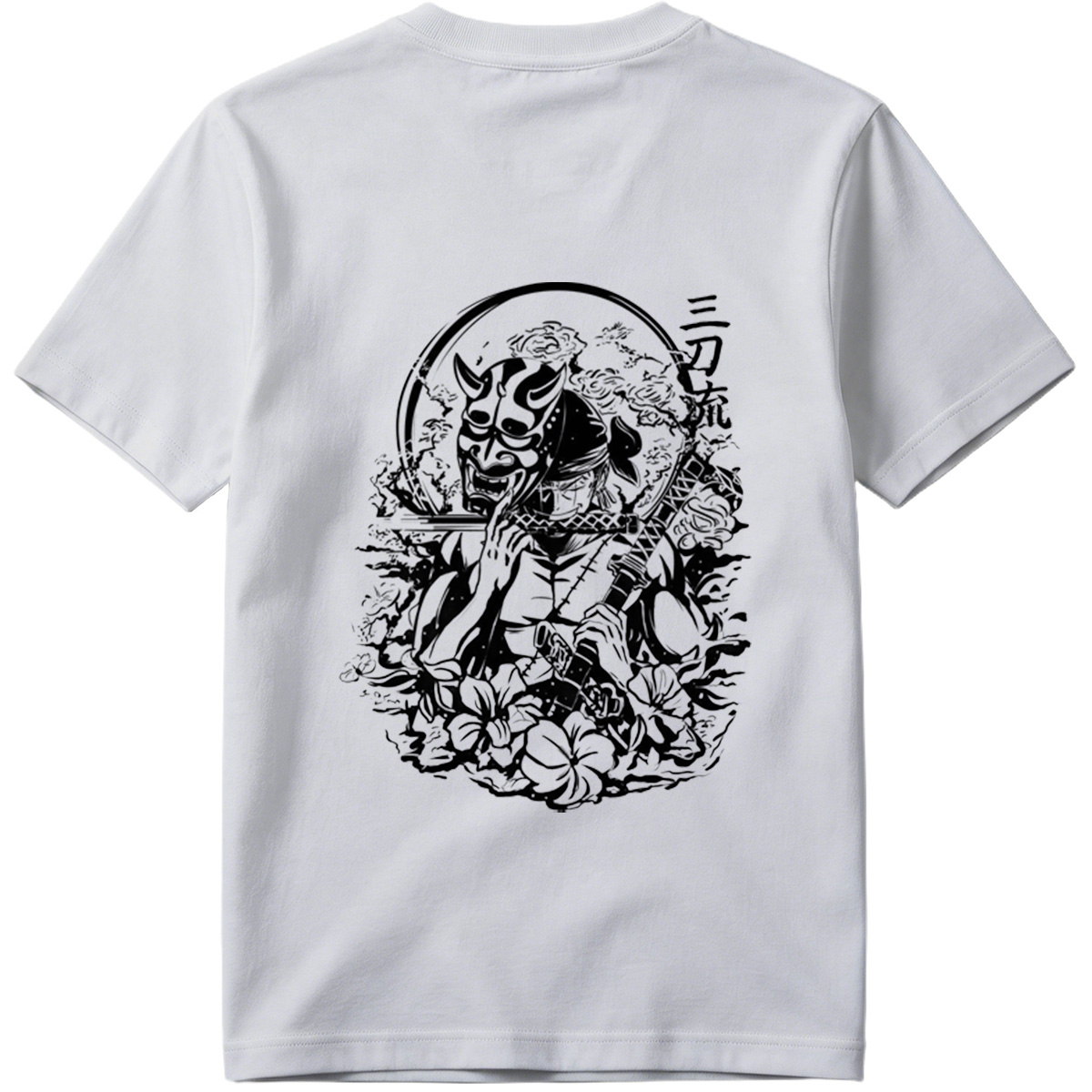 Samurai with Oni Mask and Katana in Floral Scene - Tee
