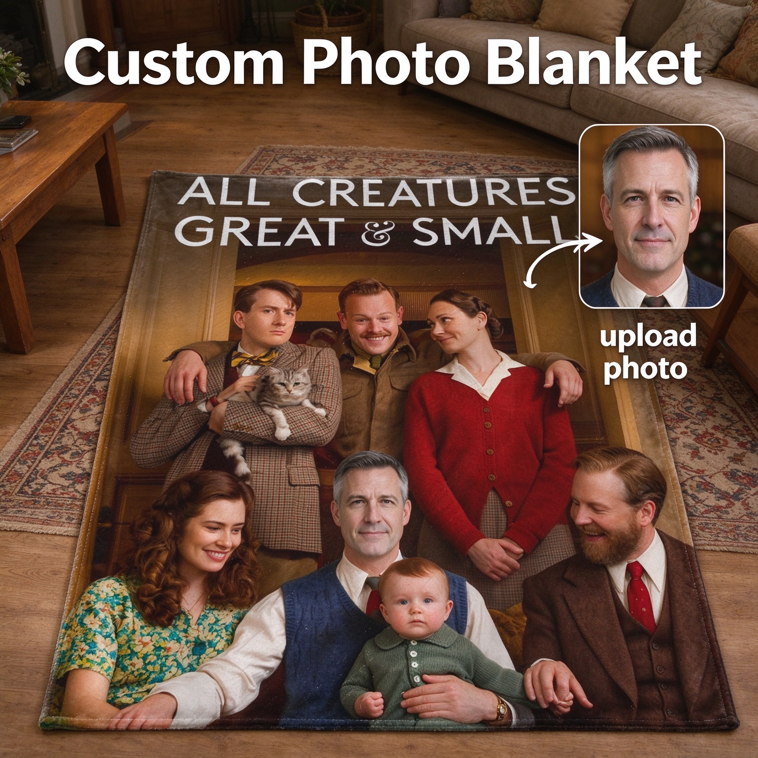 Custom Face Photo Blanket, Personalized Vintage Portrait Soft Flannel Throw for Bed Sofa, Ideal Cozy Family Gift