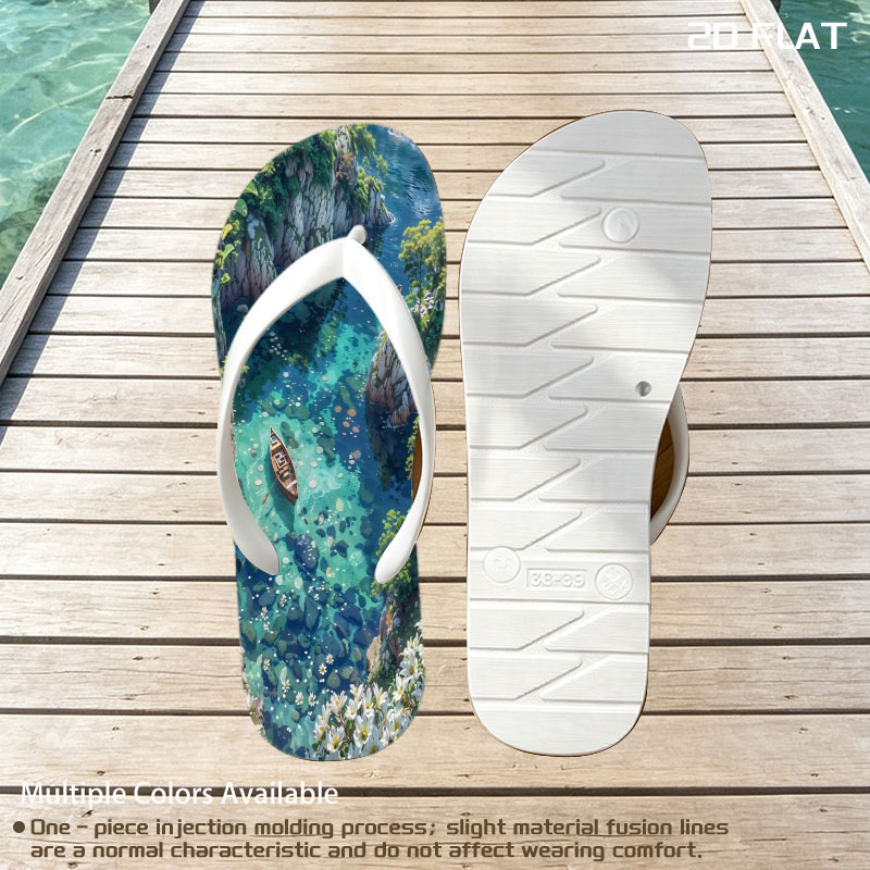 A serene boat floats on crystal-clear waters surrounded by rocky cliffs and blooming flowers. -  flip-flops