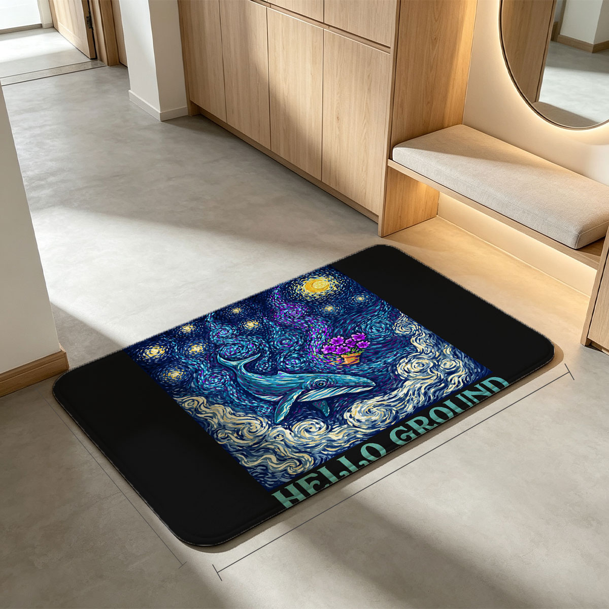 Whale in Starry Night Sky with Purple Flowers and 