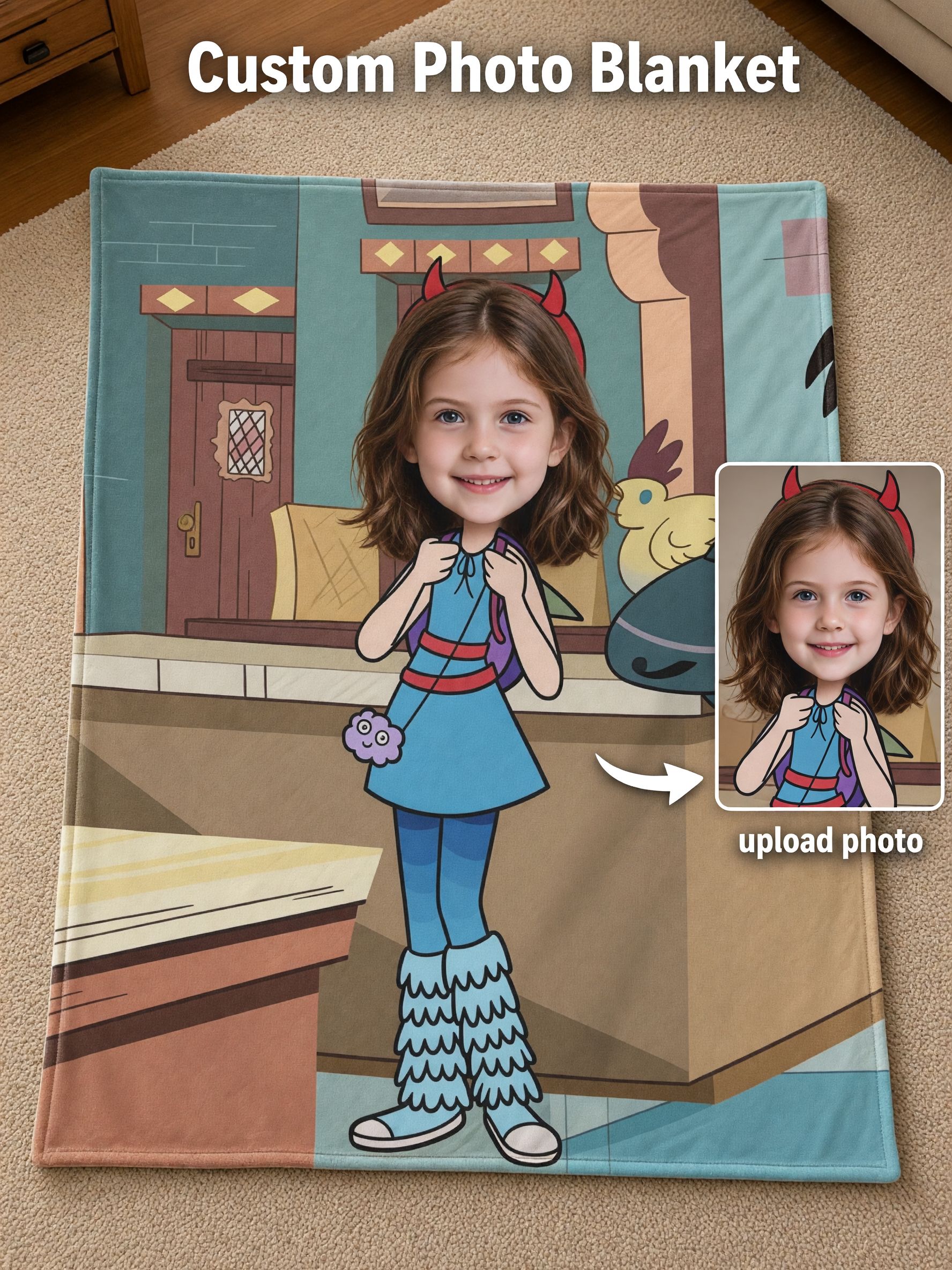 Custom Face Photo Flannel Blanket, Personalized Cartoon Portrait Plush Throw, Ideal Keepsake Gift for Kids and Family