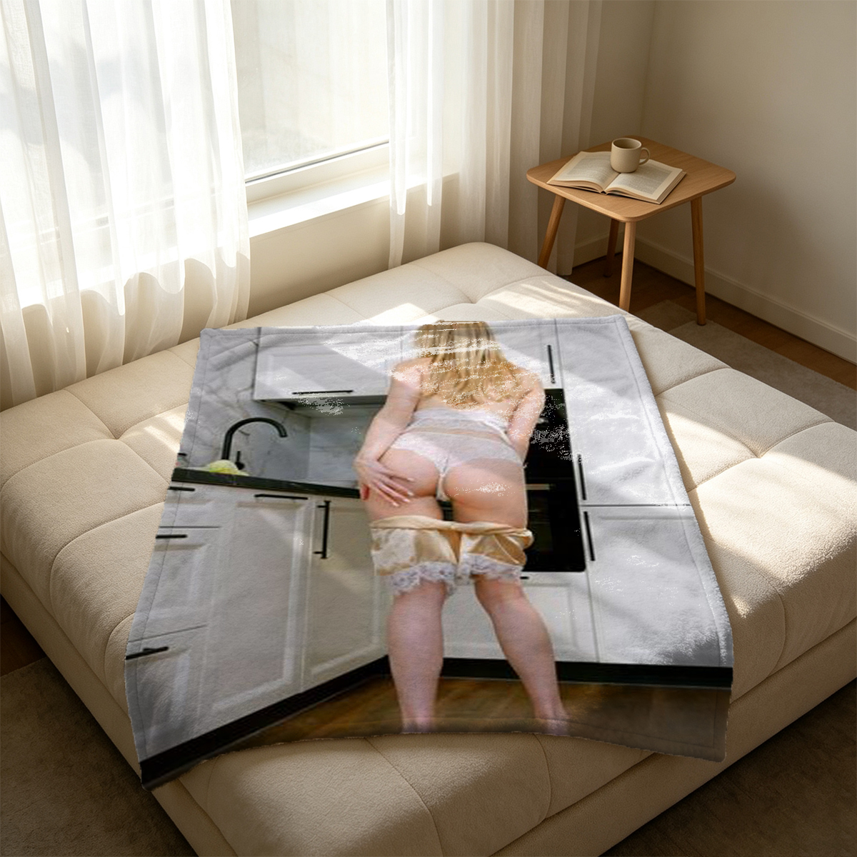 Woman in white lace bodysuit posing seductively in modern living room. - Blanket