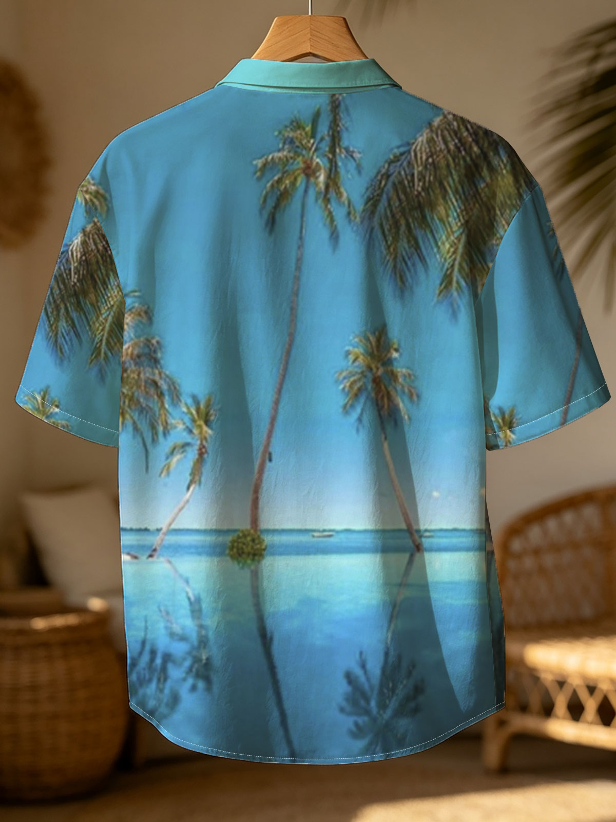 Tropical palm trees reflected in crystal-clear infinity pool under a vibrant blue sky. -  Shirt