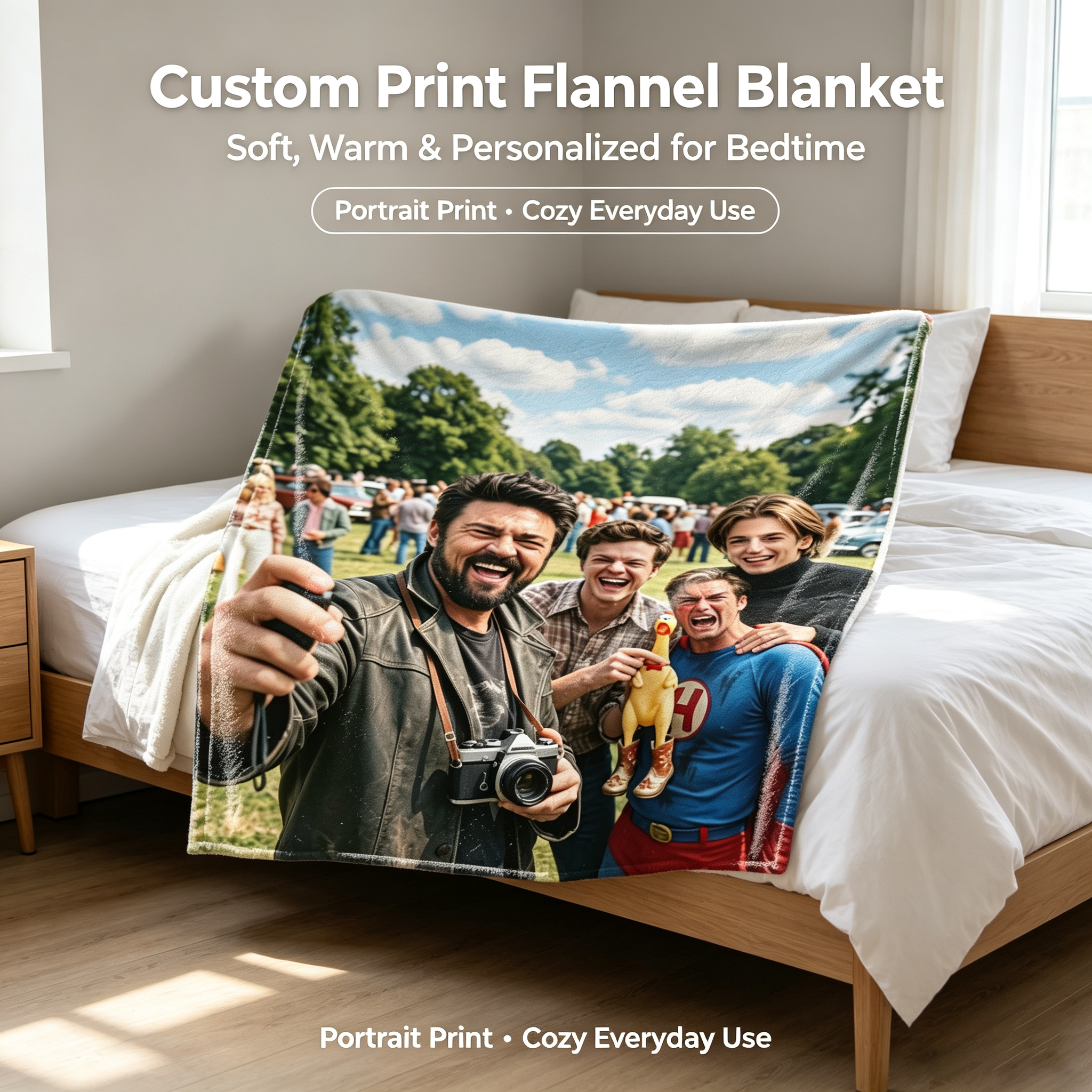Custom Face Blanket Featuring Iconic Characters in Park Scene Flannel Blanket Perfect for Cozy Nights and Fun Gifts