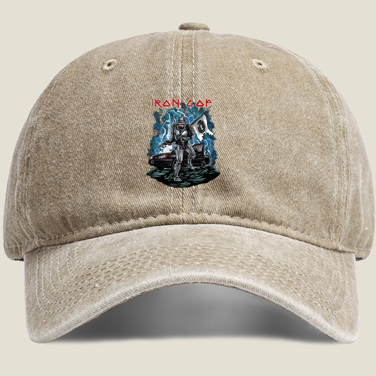 Iron Cop: Robo-Police Officer with Flag and Car - Washed Denim - Baseball Cap