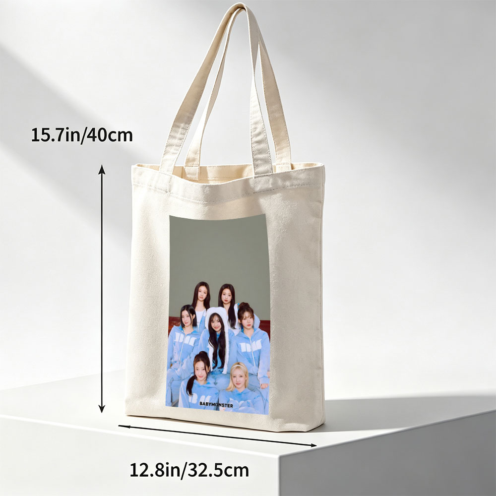 BABYMONSTER Group Photo in Matching Blue Outfits with Furry Hoodies and Minimalist Background - Canvas tote bags