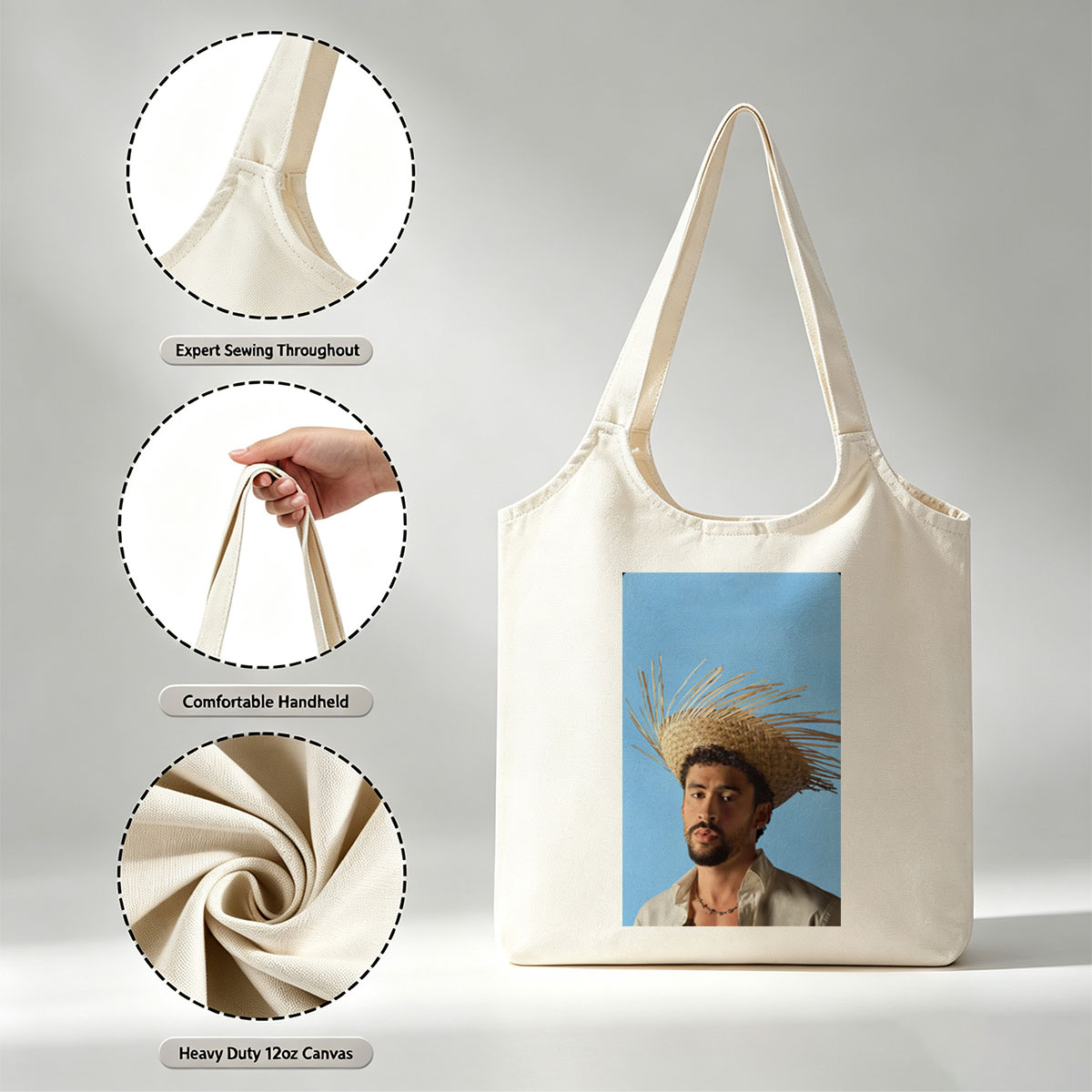 Bad Bunny Wearing a Straw Hat with Spiky Design Against a Blue Background - Canvas shoulder bags/