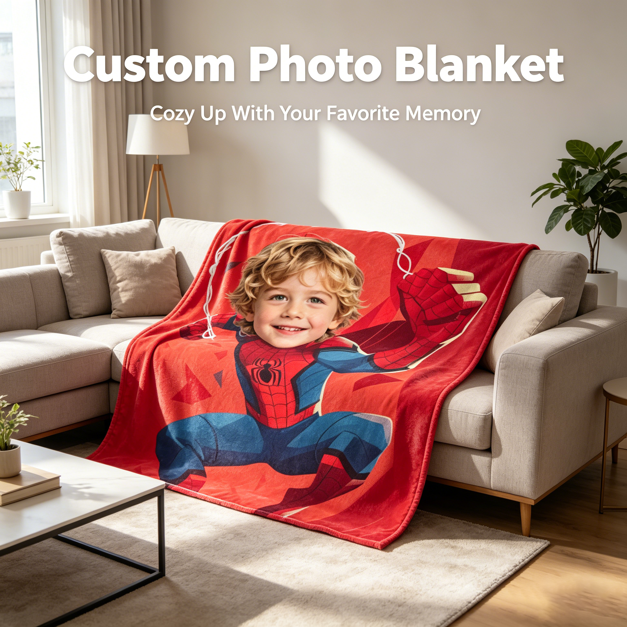 Personalized Spider-Man Face Blanket - Custom Photo Superhero Throw Blanket