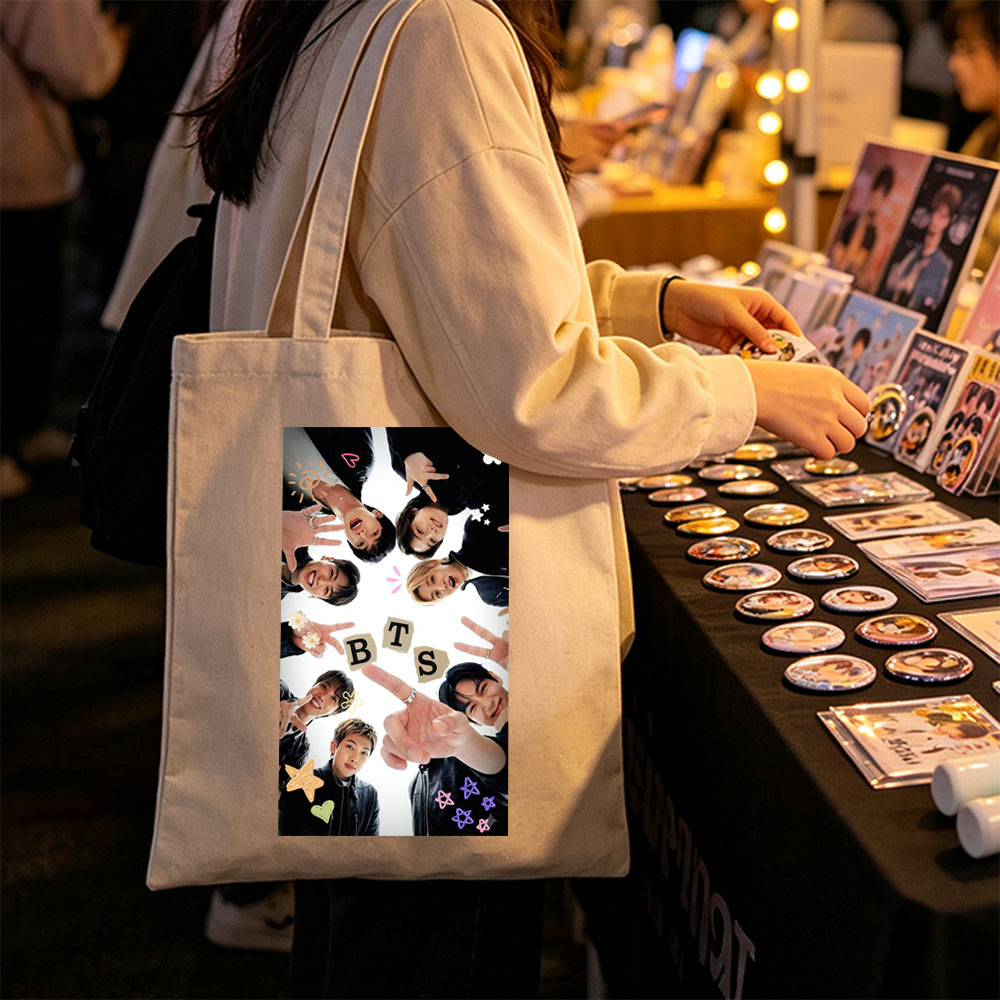 BTS Members in a Circle Forming BTS Letters with Hands and Expressive Poses - Canvas tote bags