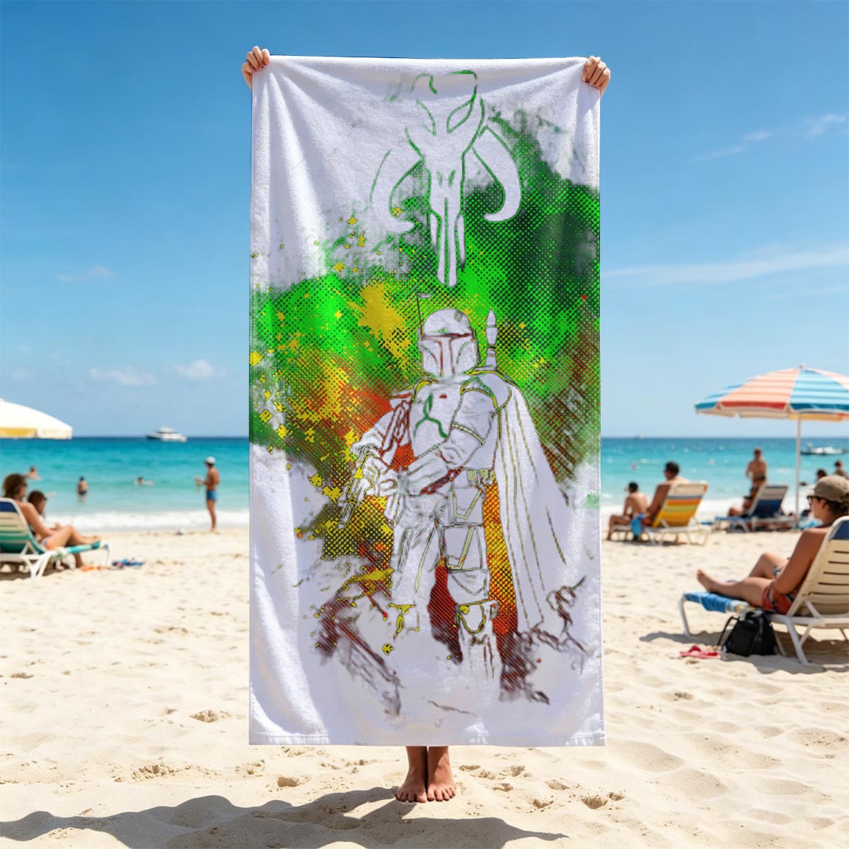 Din Djarin, The Mandalorian, stands in silhouette against a vibrant green and yellow cosmic backdrop, with the iconic Mandalorian symbol above. - Beach towels