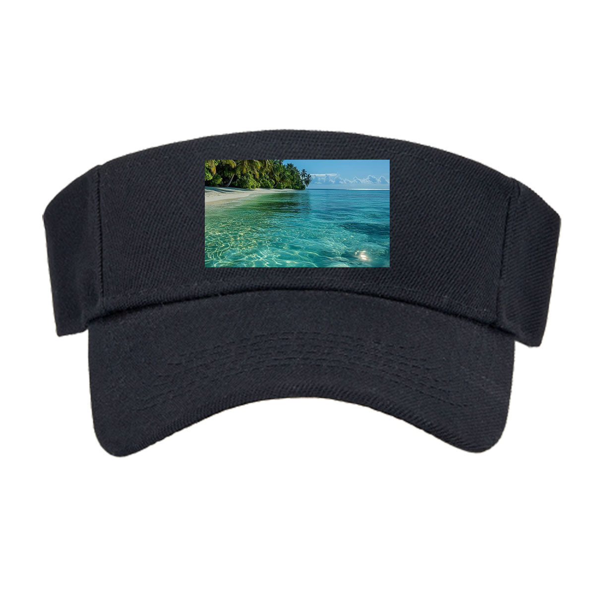 Crystal-clear turquoise waters meet a pristine white sand beach lined with lush palm trees under a bright blue sky. -  Visor cap