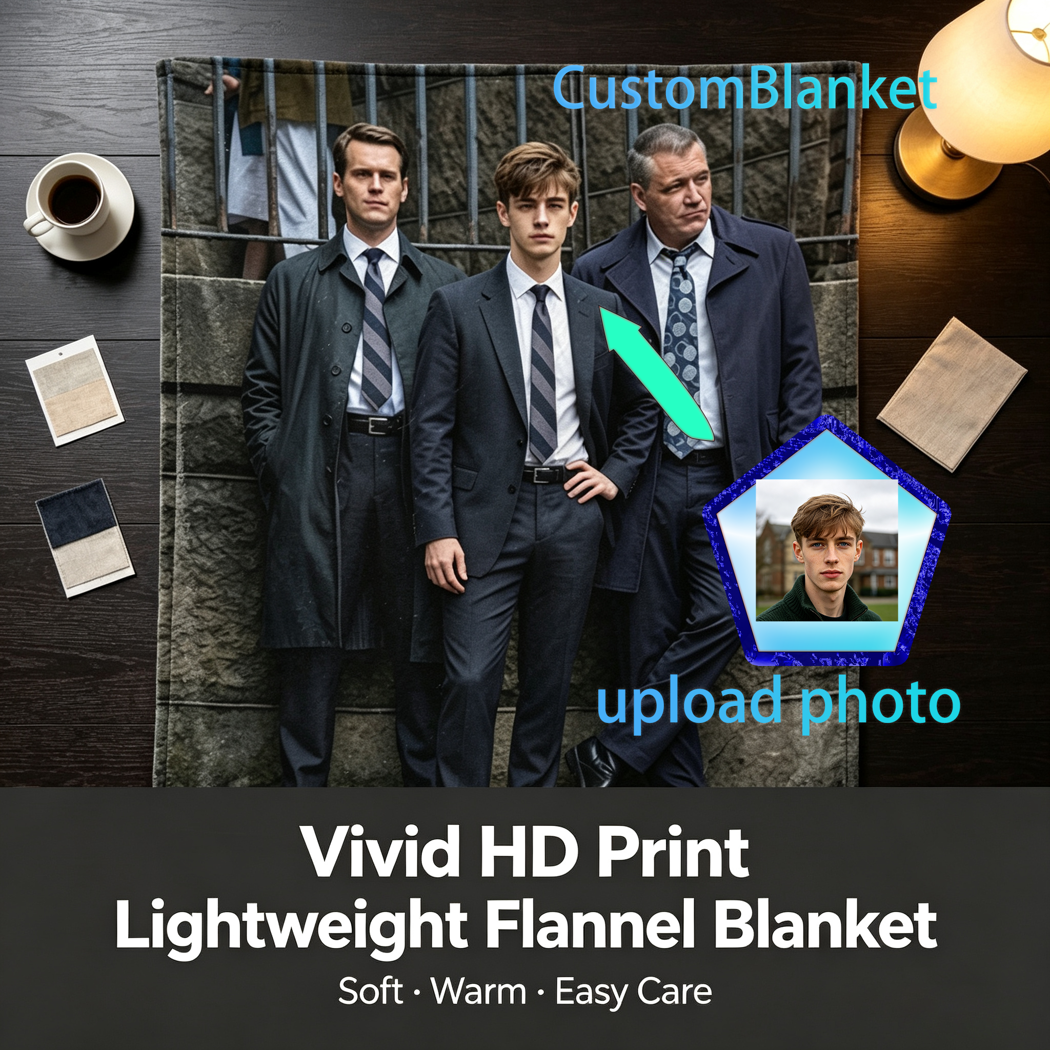 Custom Face Blanket Featuring Three Men in Suits Standing Against Stone Wall Flannel Blanket Perfect for Home Decor or Cozy Nights Gift Idea for Fans of Classic Style and Drama Series