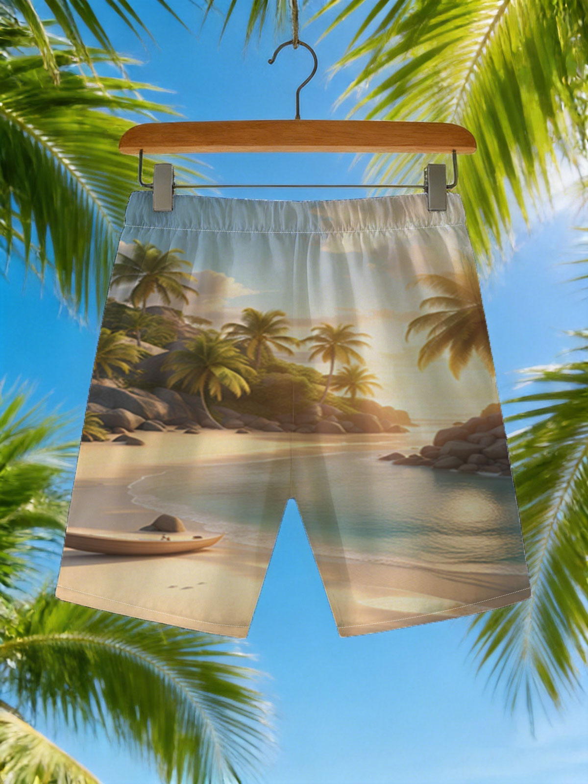 Serene Tropical Beach at Sunset with Palm Trees and Calm Waters -  Beach shorts