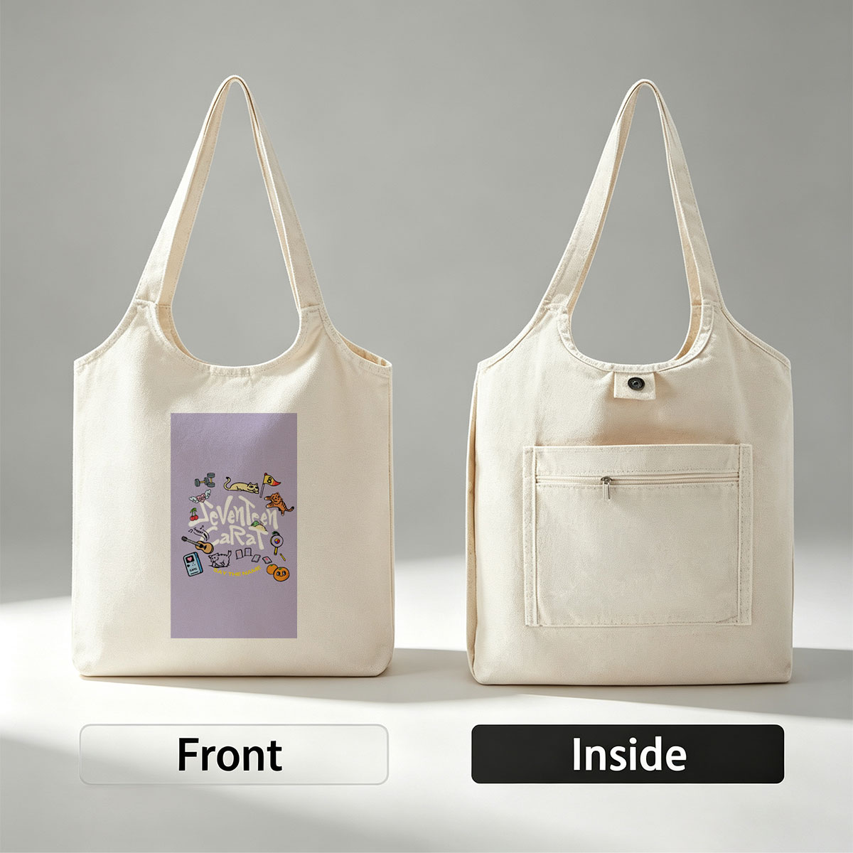 Seventeen Carat Say The Name Album Art Featuring Cats, Guitar, and Cute Icons - Canvas shoulder bags/