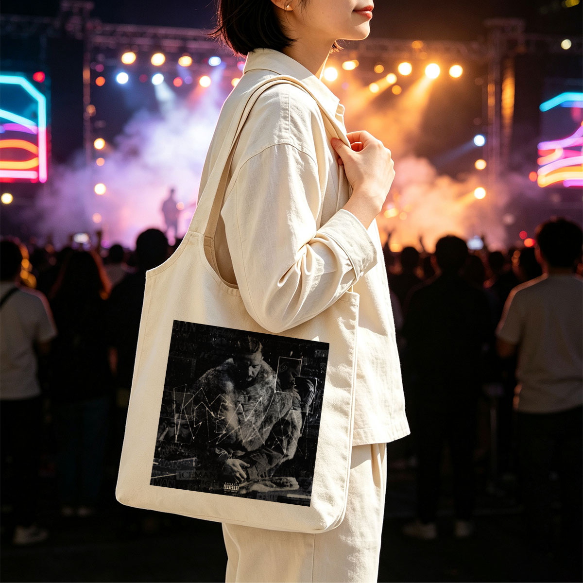 Kendrick Lamar in a fur-lined coat with geometric overlays and collage elements on a dark, textured background - Canvas shoulder bags/
