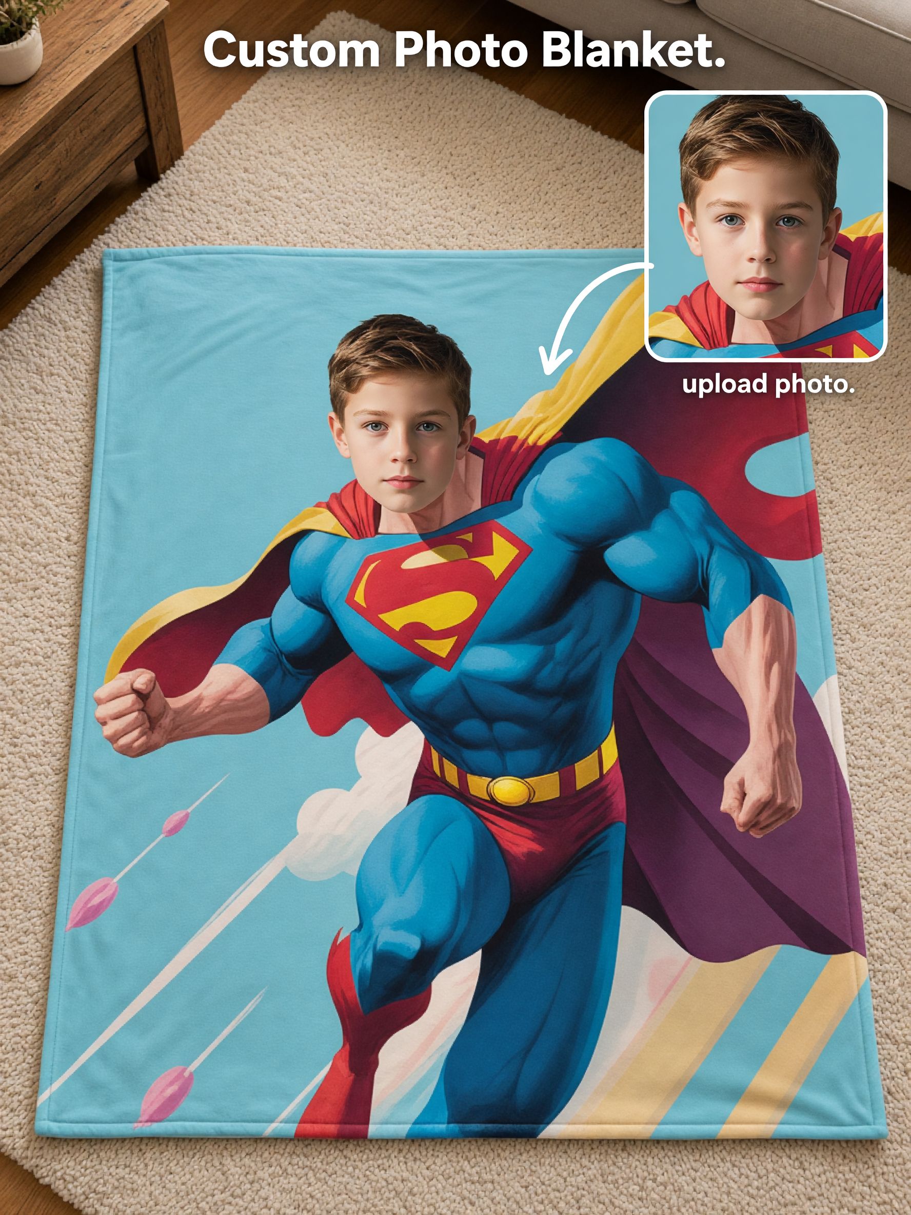 Custom Face Superhero Blanket, Soft Flannel Fleece Throw, Personalized Photo Keepsake Gift for Boys, Kids and Family