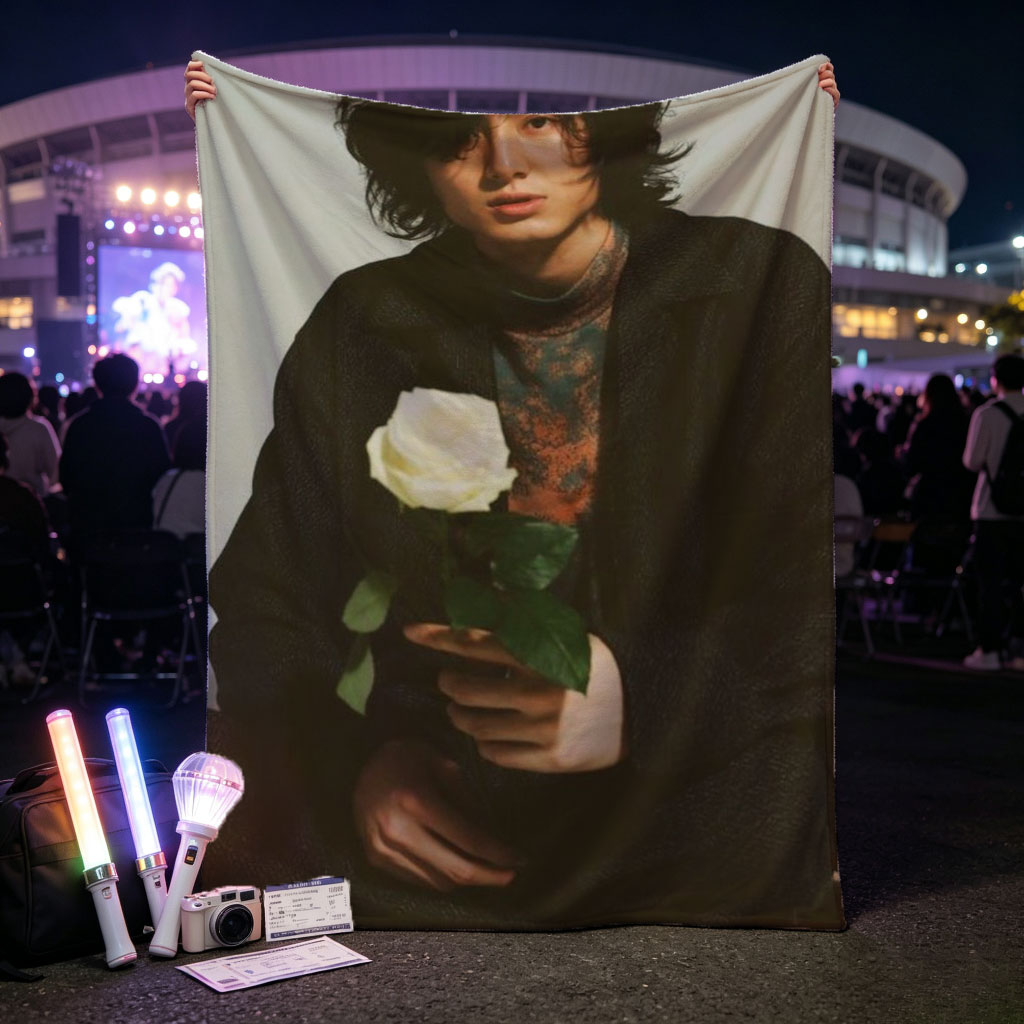 Yosuke Sugino Holding a White Rose in a Stylish Black Outfit with Petals Scattered Around - Blankets